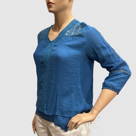 Style & Co Boho Lace Inset Shirt Size XL Turquoise/Aqua V-Neck, Layered Look Hem - Picture 3 of 12